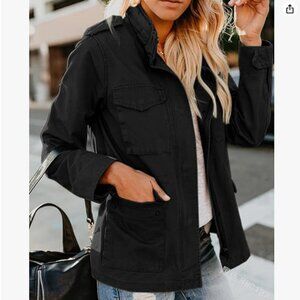 Women's Fall Stand Collar Zip Up Military Cotton Utility Safari Jacket - XXL